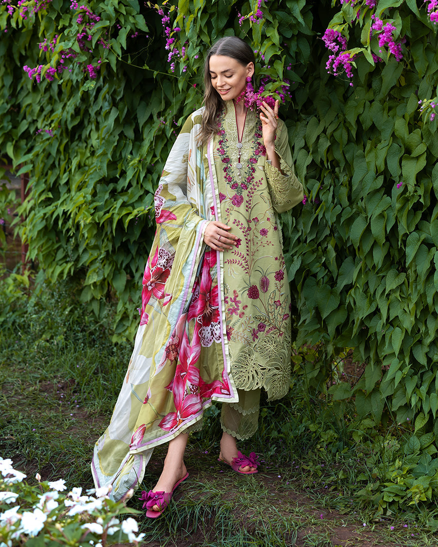 Women Wearing Wildflower Waltz Green Long Shirt for Festive Events - Pakistani Designer Wear for Women in UK | Kifat