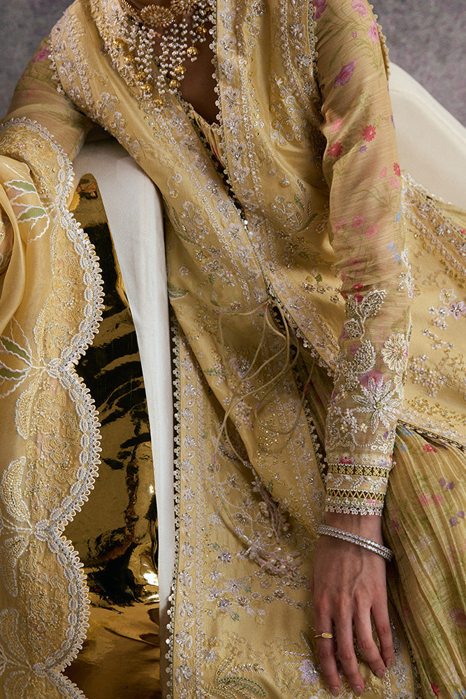 Model Wearing Suffuse by Sana Yasir URAH Lemon Yellow gown/sleeveless jacket with sleeveless pants for Wedding Wear - Pakistani Designer wear for Women in UK | Kifat