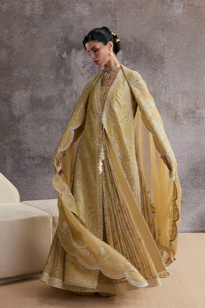 Model Wearing Suffuse by Sana Yasir URAH Lemon Yellow gown/sleeveless jacket with sleeveless pants for Wedding Wear - Pakistani Designer wear for Women in UK | Kifat