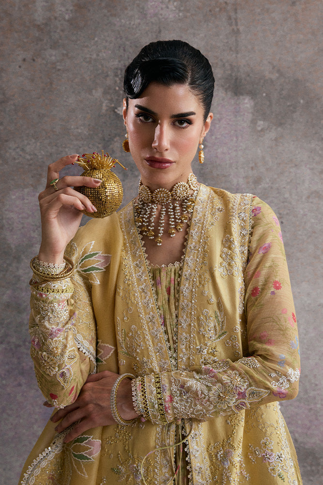 Model Wearing Suffuse by Sana Yasir URAH Lemon Yellow gown/sleeveless jacket with sleeveless pants for Wedding Wear - Pakistani Designer wear for Women in UK | Kifat