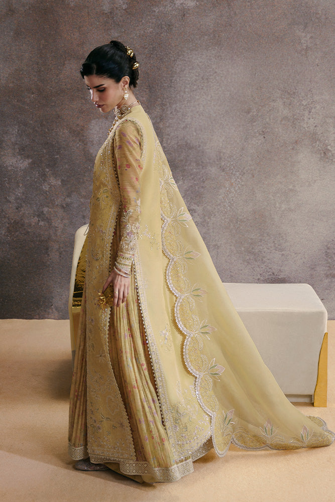 Model Wearing Suffuse by Sana Yasir URAH Lemon Yellow gown/sleeveless jacket with sleeveless pants for Wedding Wear - Pakistani Designer wear for Women in UK | Kifat