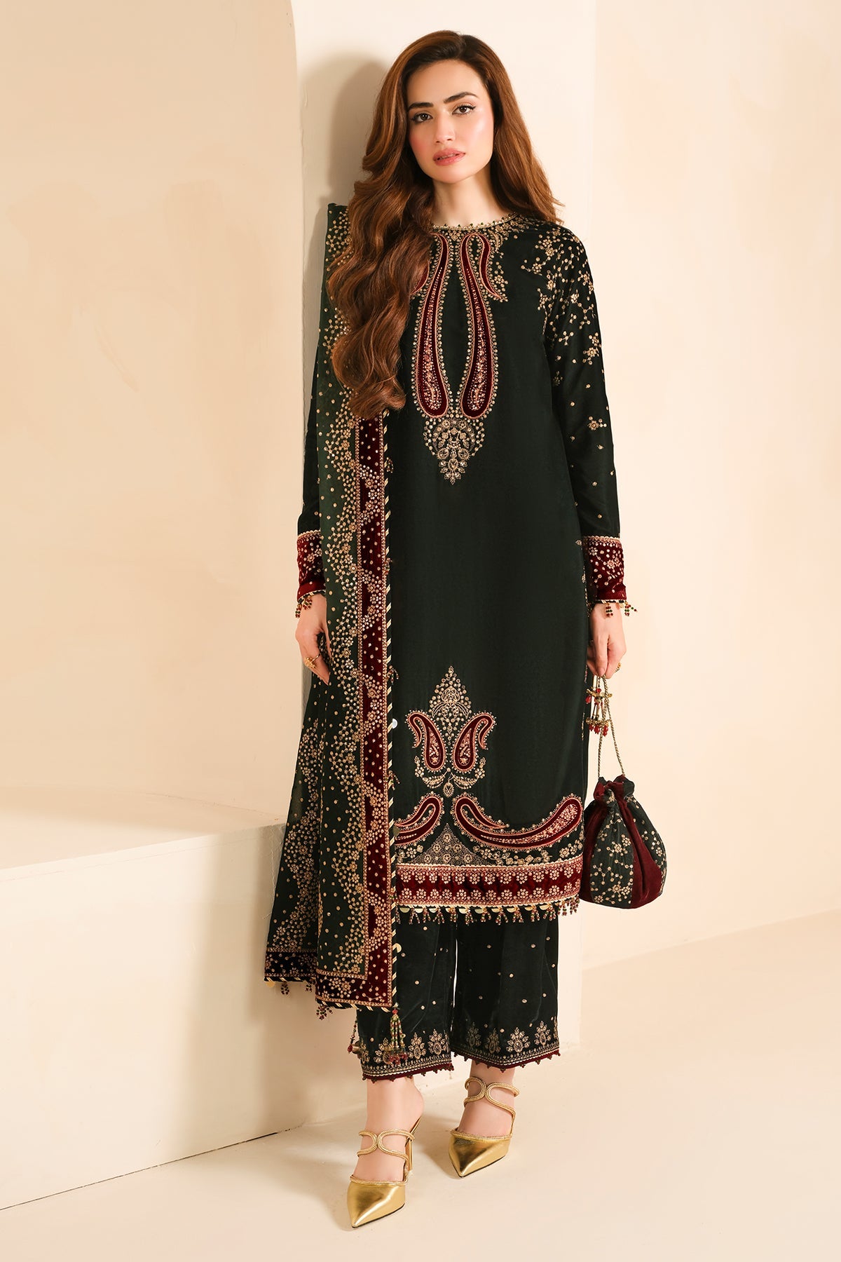 Women Wearing Embroidered Velvet Formal VF-2034 Mehndi Long Shirt for Wedding Events - Pakistani Designer Wear for Women in UK | Kifat