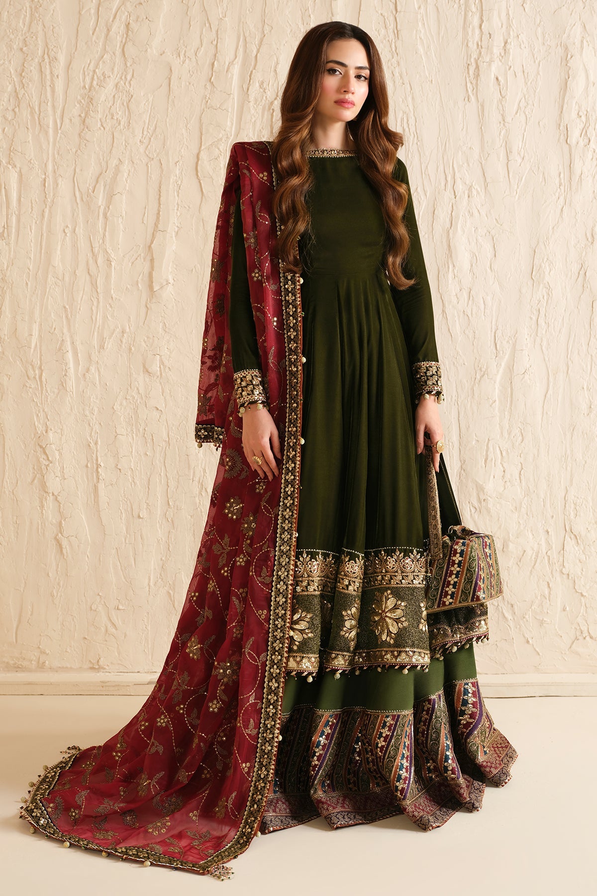 Women Wearing Embroidered Velvet Formal VF-2036 Mehndi Long Shirt with Sharara for Wedding Events - Pakistani Designer Wear for Women in UK | Kifat