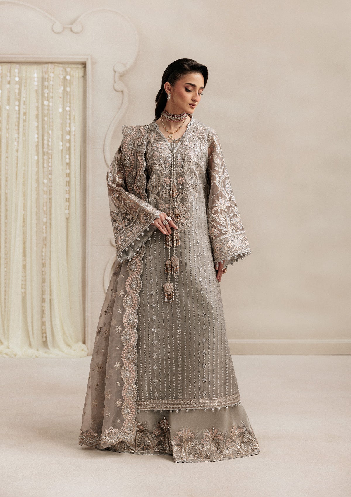 AIKSHAAM '26 - VOL. 1 - LOOK 02 Silver Long Shirt For Formal Events - Pakistani Designer Wear for Women in UK | Kifat