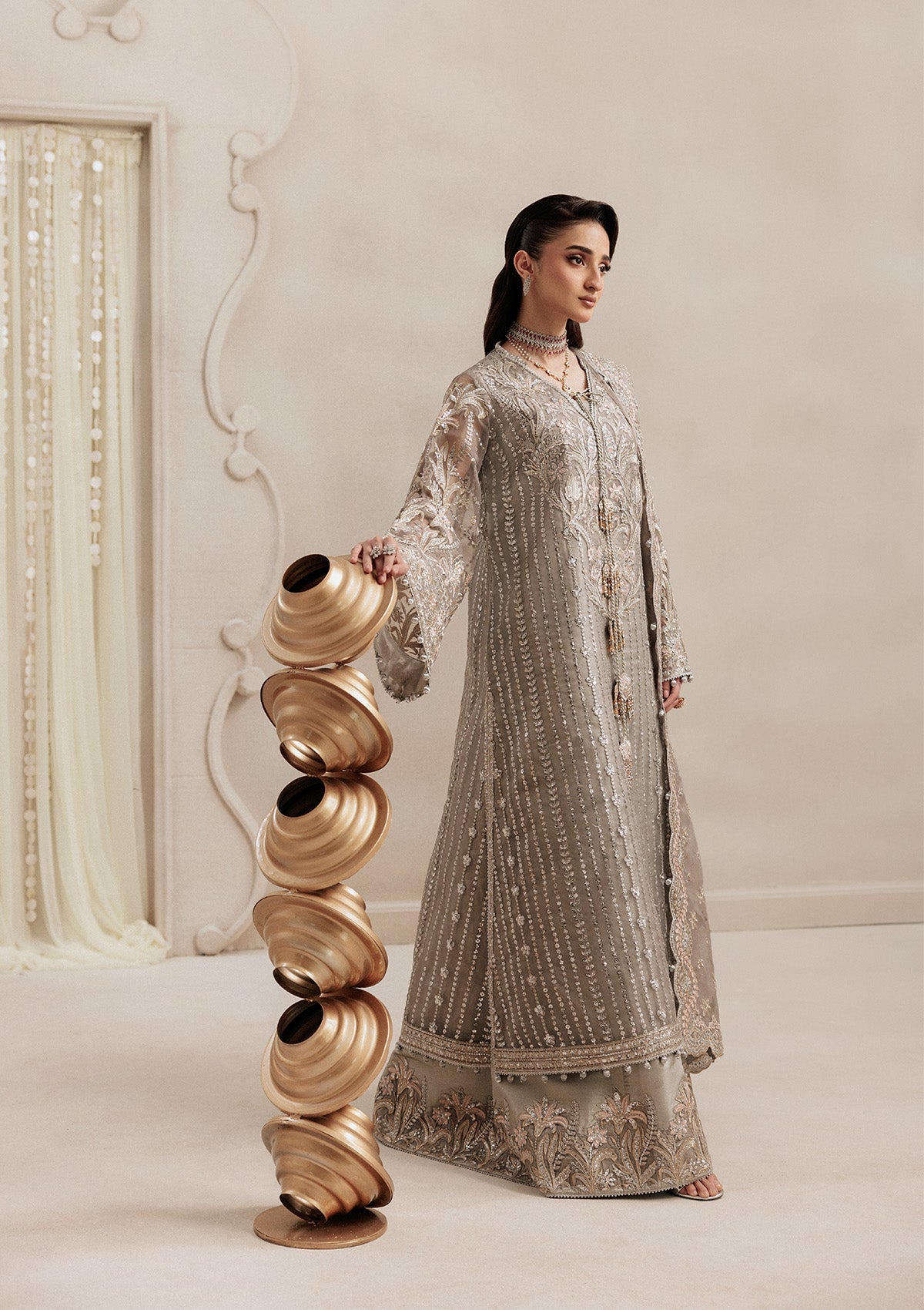 AIKSHAAM '26 - VOL. 1 - LOOK 02 Silver Long Shirt For Formal Events - Pakistani Designer Wear for Women in UK | Kifat