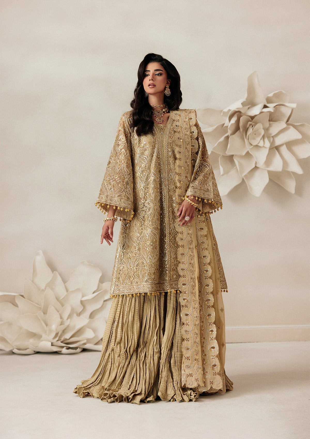 AIKSHAAM '26 - VOL. 1 - LOOK 03 Light Brown Shirt with Sharara For Formal Events - Pakistani Designer Wear for Women in UK | Kifat