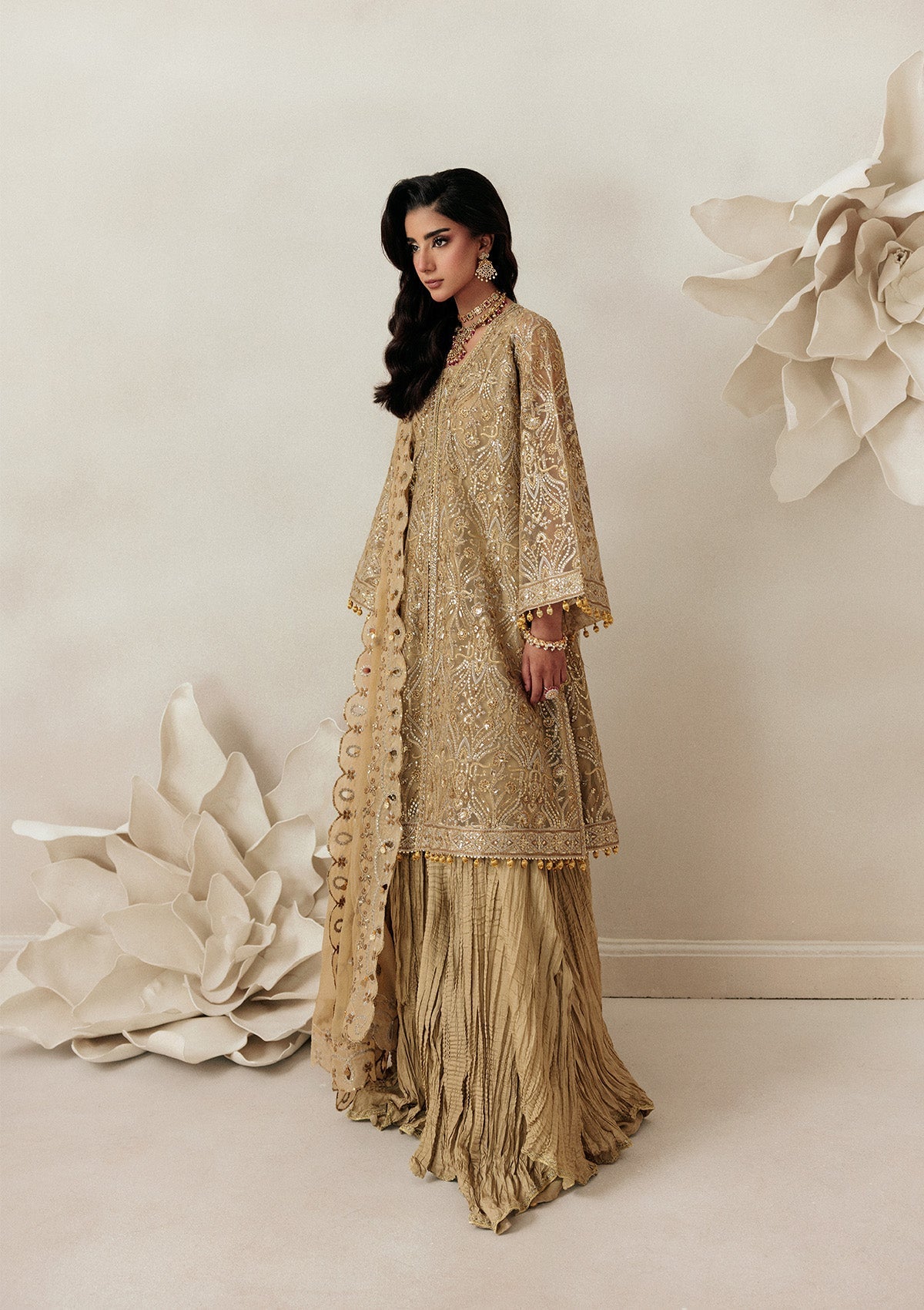 AIKSHAAM '26 - VOL. 1 - LOOK 03 Light Brown Shirt with Sharara For Formal Events - Pakistani Designer Wear for Women in UK | Kifat