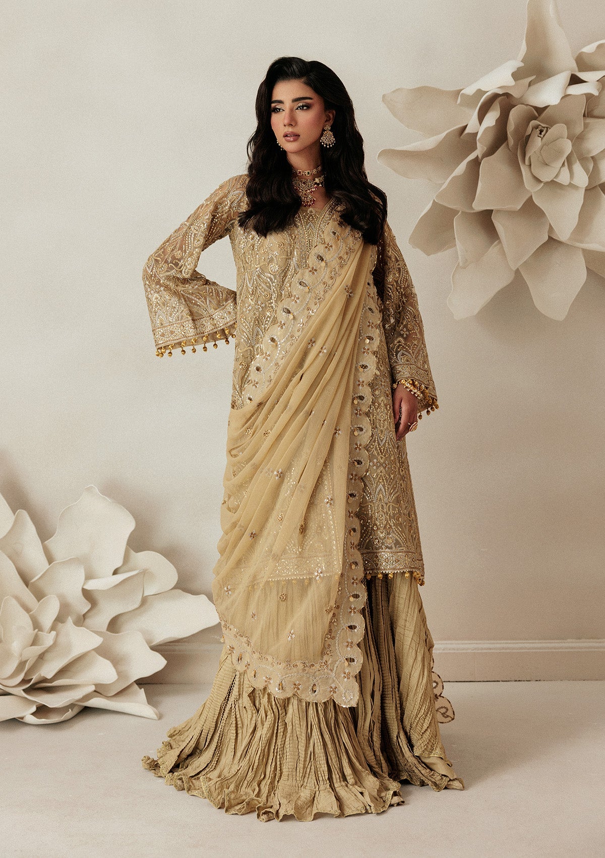 AIKSHAAM '26 - VOL. 1 - LOOK 03 Light Brown Shirt with Sharara For Formal Events - Pakistani Designer Wear for Women in UK | Kifat
