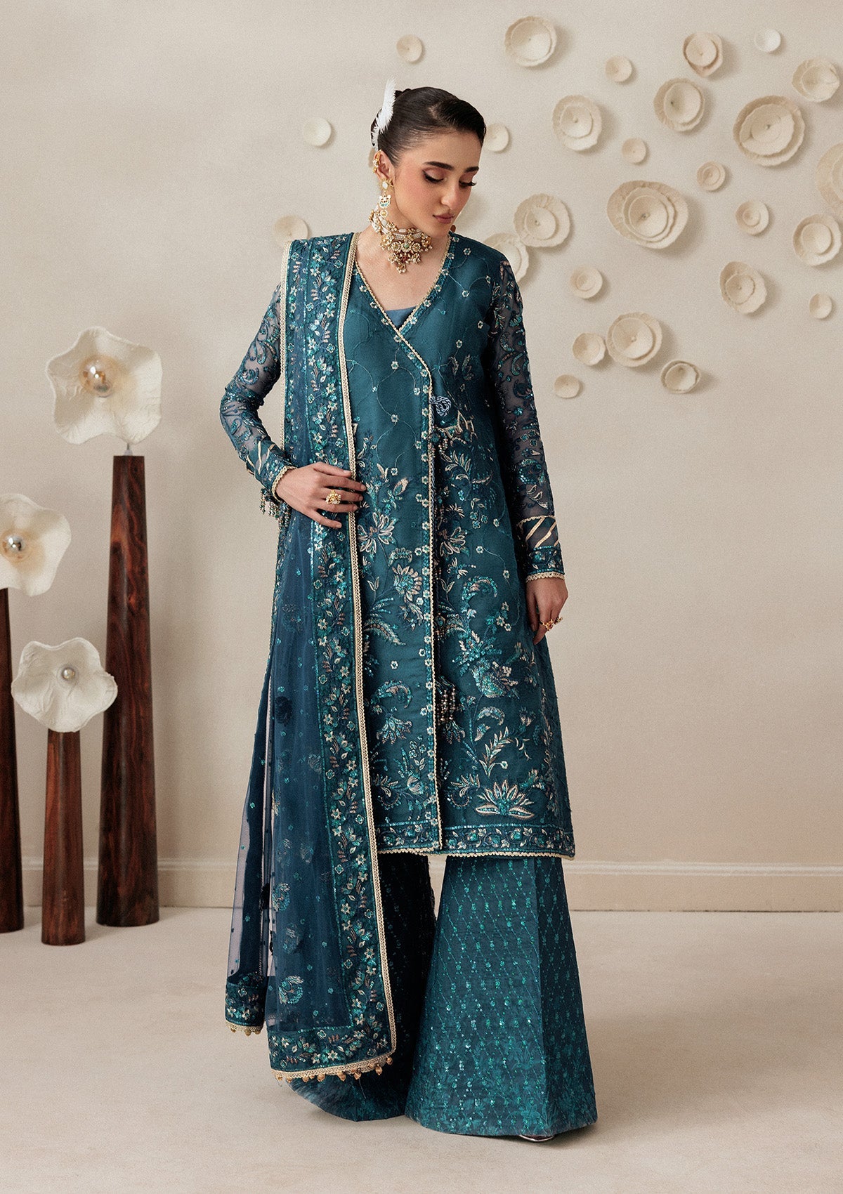 AIKSHAAM '26 - VOL. 1 - LOOK 04 Blue Teal Angrakha Style Shirt For Formal Events - Pakistani Designer Wear for Women in UK | Kifat