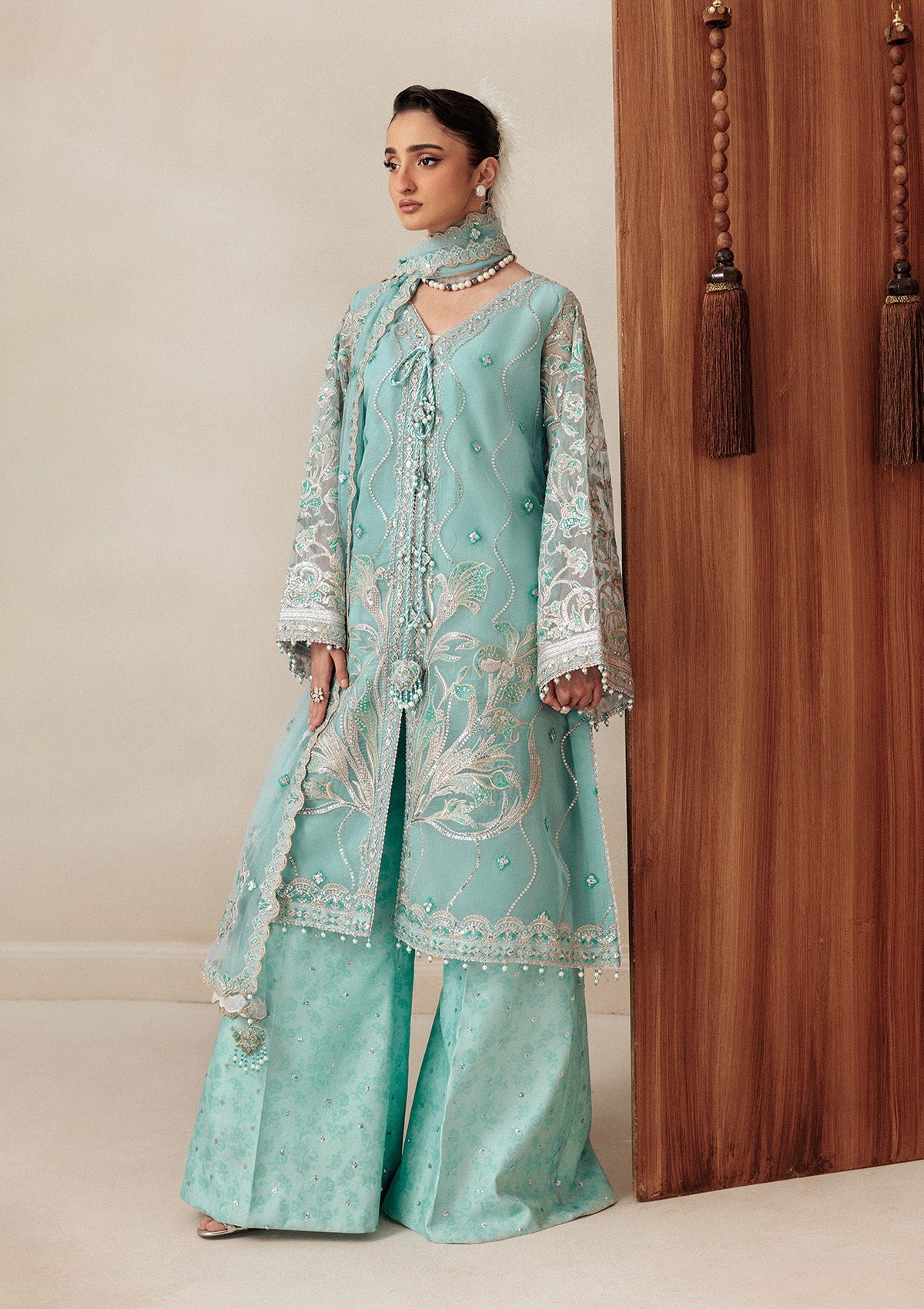 AIKSHAAM '26 - VOL. 1 - LOOK 06 Light Blue Front Open Shirt For Formal Events - Pakistani Designer Wear for Women in UK | Kifat