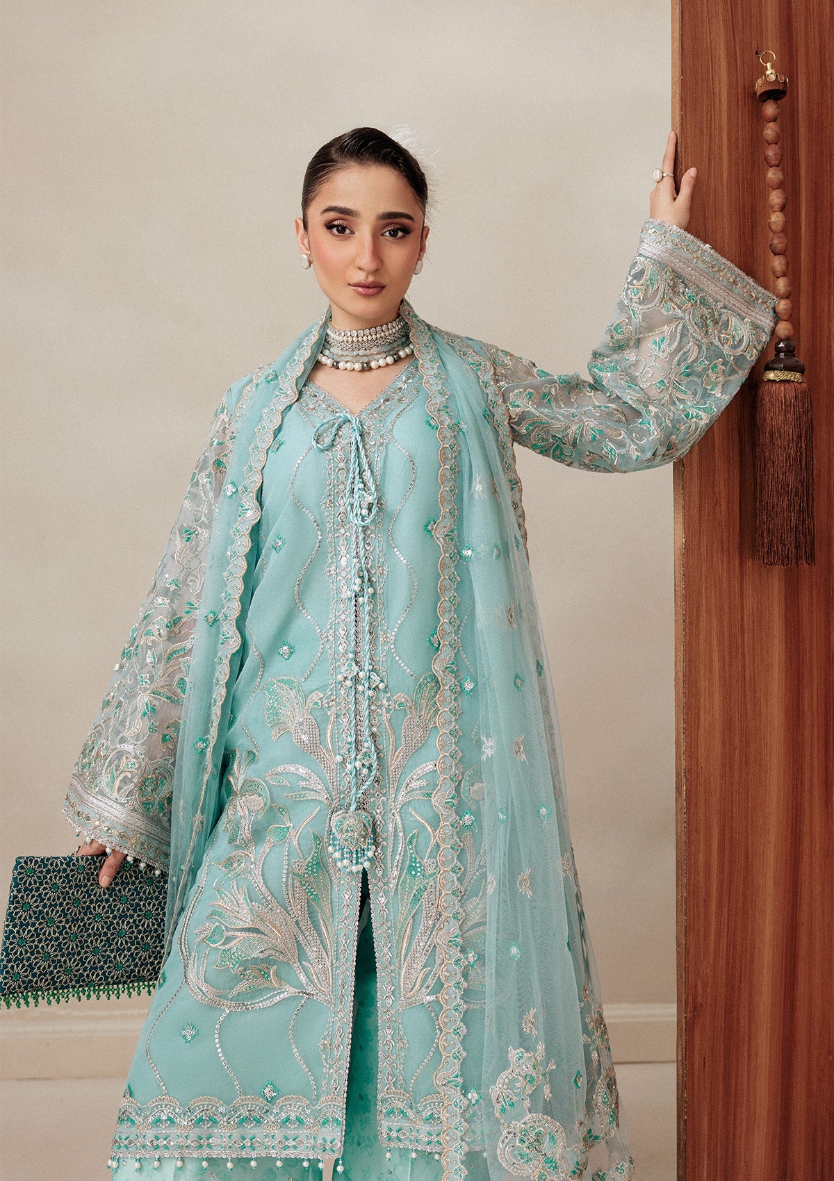 AIKSHAAM '26 - VOL. 1 - LOOK 06 Light Blue Front Open Shirt For Formal Events - Pakistani Designer Wear for Women in UK | Kifat