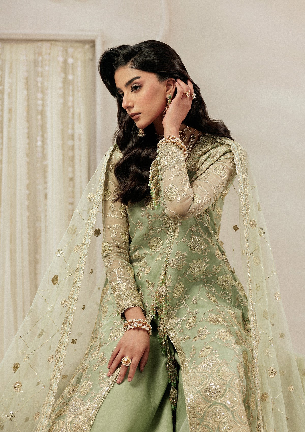 AIKSHAAM '26 - VOL. 1 - LOOK 07 Light Green Long Shirt For Formal Events - Pakistani Designer Wear for Women in UK | Kifat