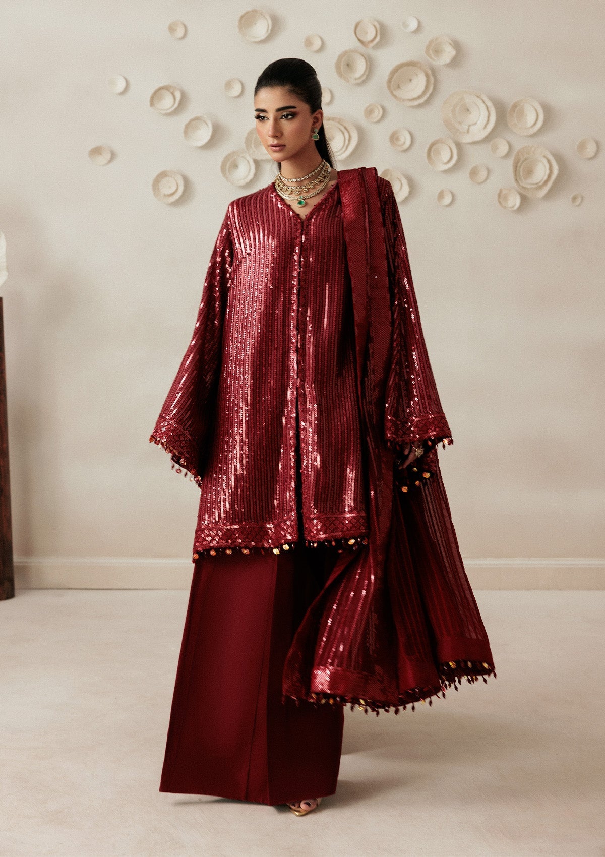 AIKSHAAM '26 - VOL. 1 - LOOK 08 Maroon Front Open Shirt For Formal Events - Pakistani Designer Wear for Women in UK | Kifat