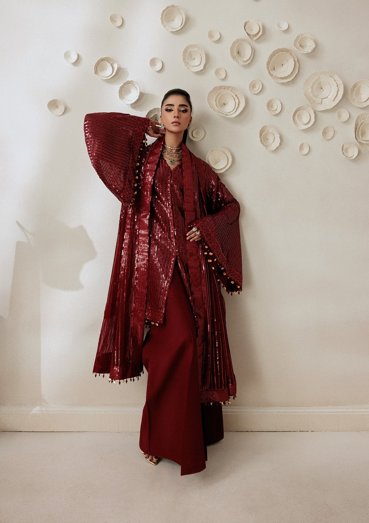 AIKSHAAM '26 - VOL. 1 - LOOK 08 Maroon Front Open Shirt For Formal Events - Pakistani Designer Wear for Women in UK | Kifat