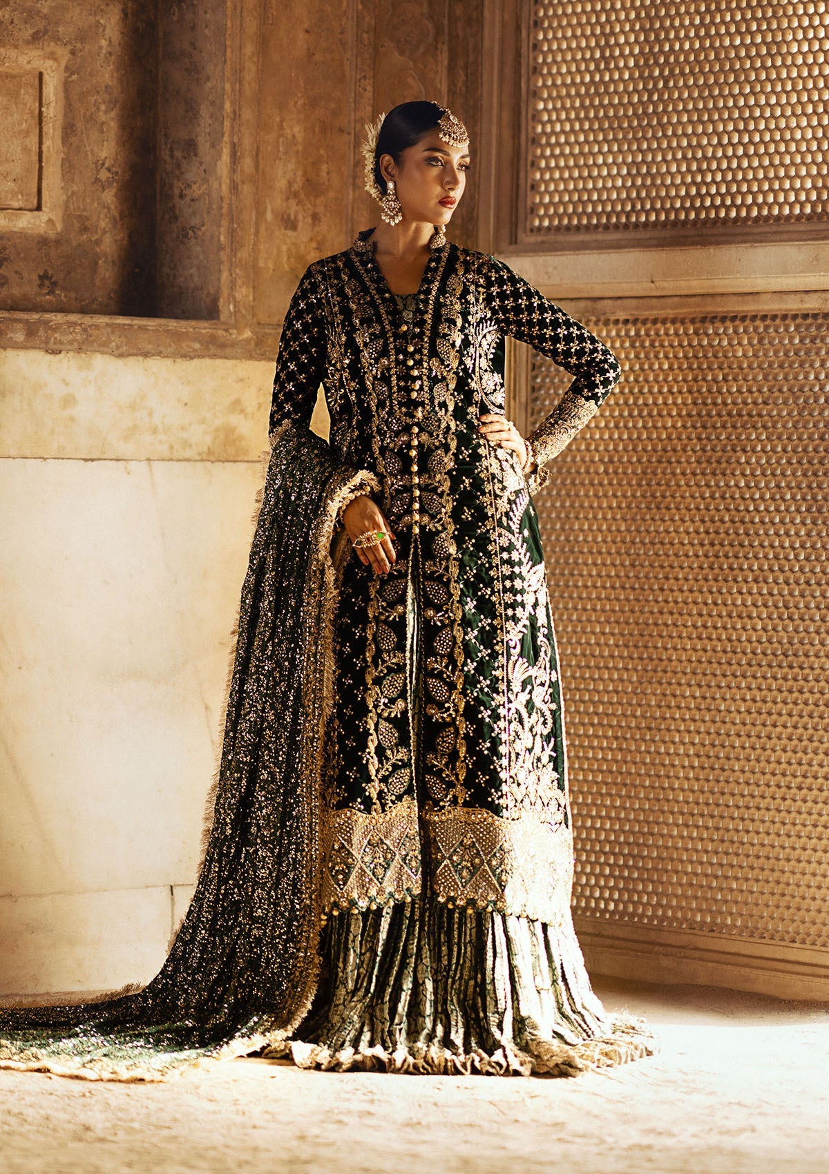 DASTOOR - LOOK 02 Bottle Green Front Open Shirt with Sharara For Formal Events - Pakistani Designer Wear for Women in UK | Kifat