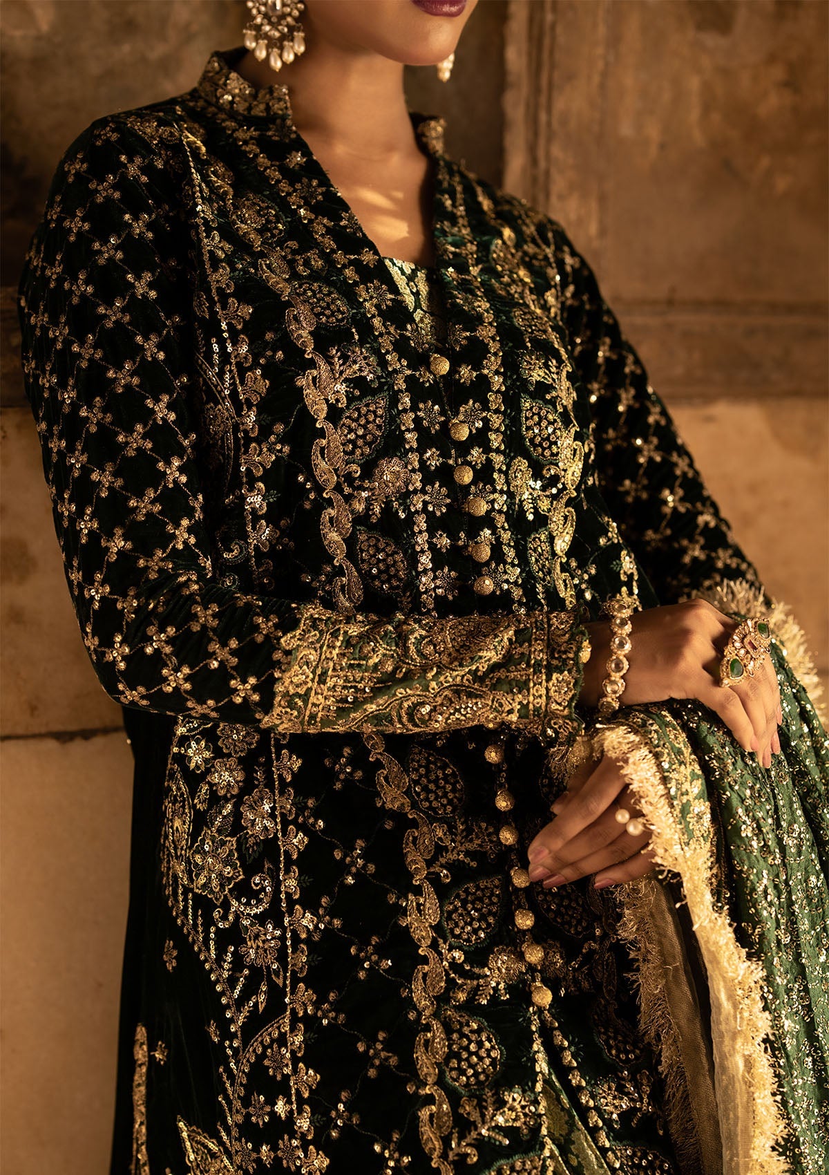 DASTOOR - LOOK 02 Bottle Green Front Open Shirt with Sharara For Formal Events - Pakistani Designer Wear for Women in UK | Kifat