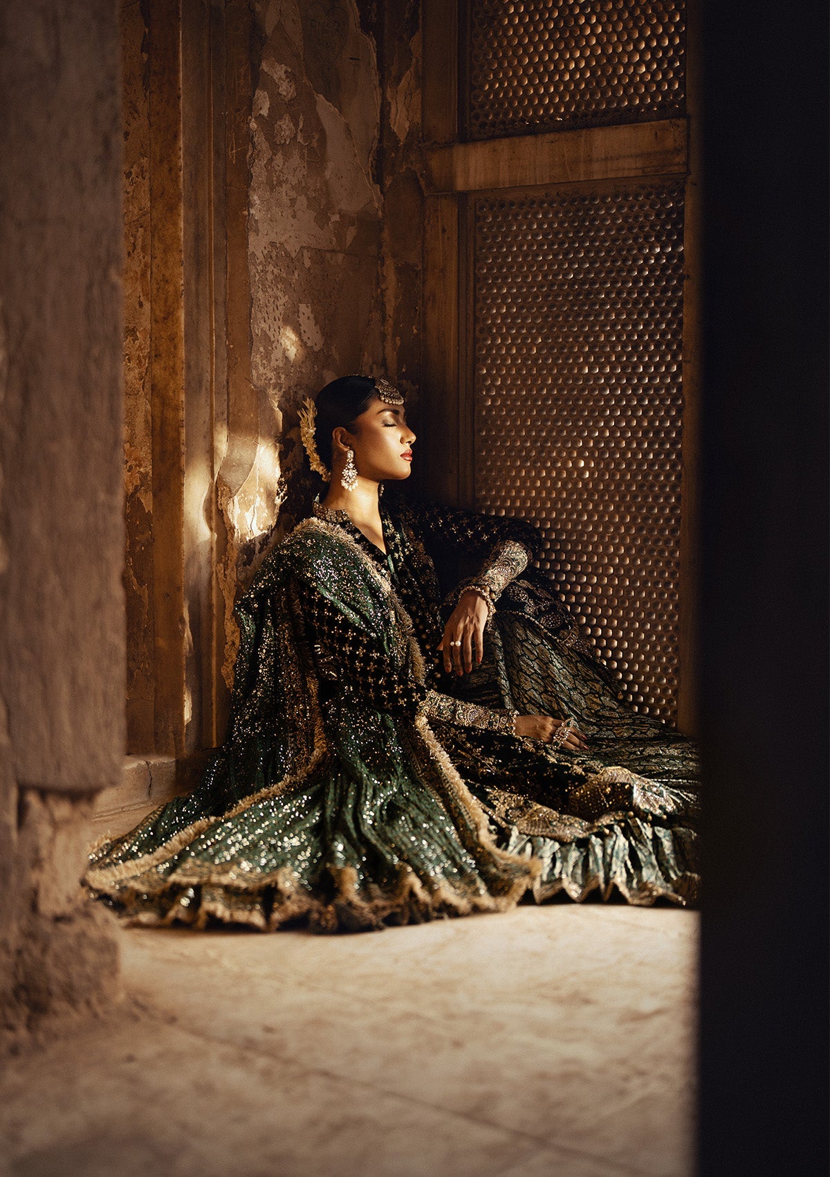 DASTOOR - LOOK 02 Bottle Green Front Open Shirt with Sharara For Formal Events - Pakistani Designer Wear for Women in UK | Kifat