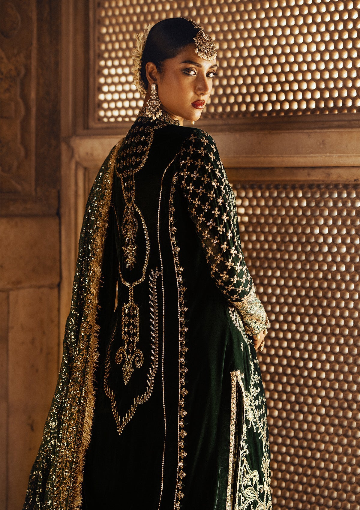 DASTOOR - LOOK 02 Bottle Green Front Open Shirt with Sharara For Formal Events - Pakistani Designer Wear for Women in UK | Kifat