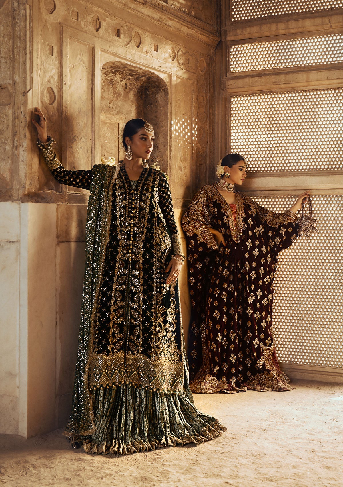 DASTOOR - LOOK 02 Bottle Green Front Open Shirt with Sharara For Formal Events - Pakistani Designer Wear for Women in UK | Kifat