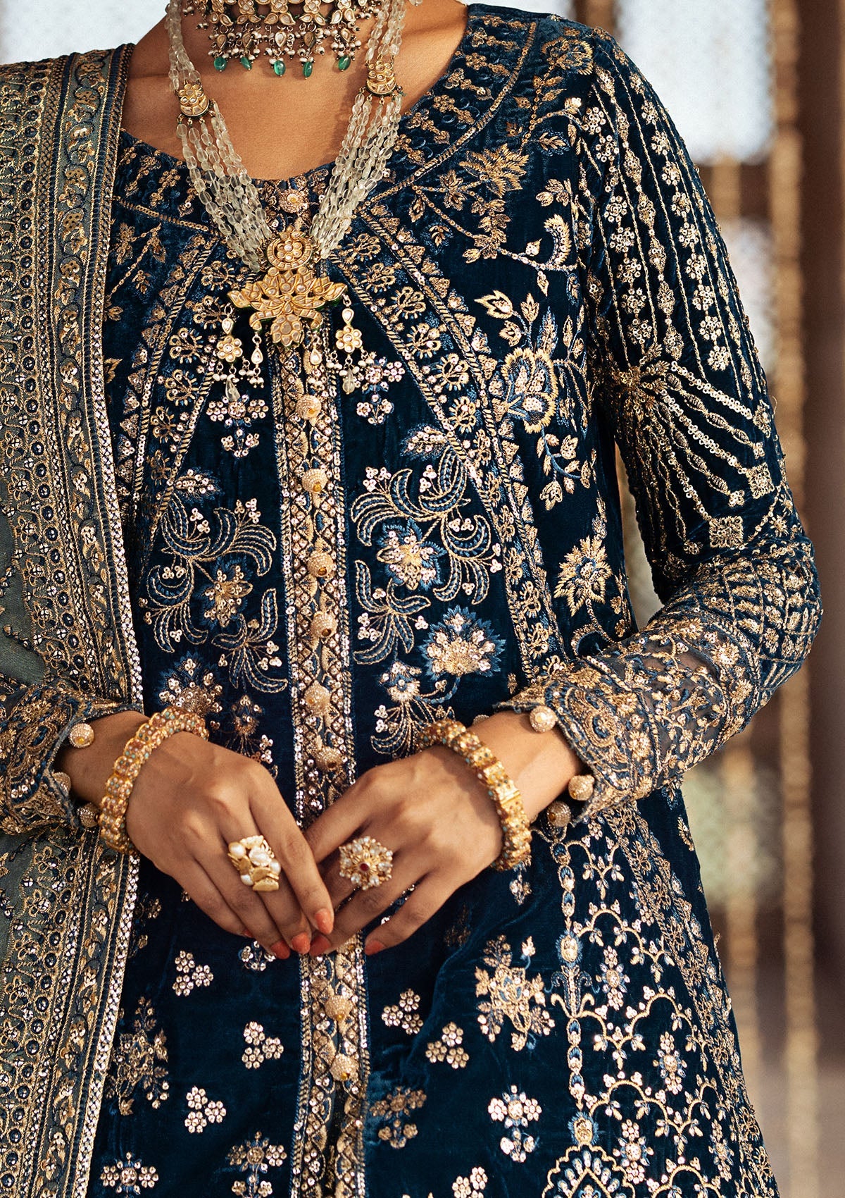 DASTOOR - LOOK 05 Teal Blue Front Open Shirt with Lehnga For Formal Events - Pakistani Designer Wear for Women in UK | Kifat