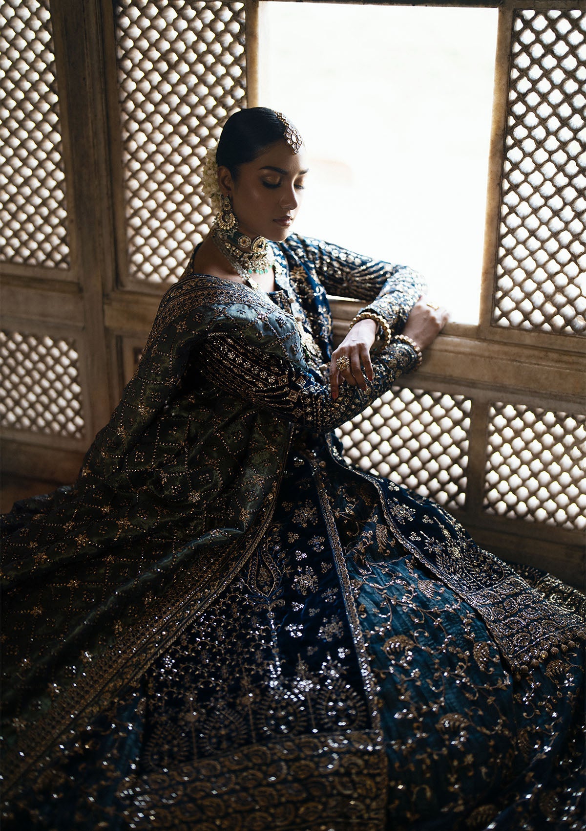 DASTOOR - LOOK 05 Teal Blue Front Open Shirt with Lehnga For Formal Events - Pakistani Designer Wear for Women in UK | Kifat
