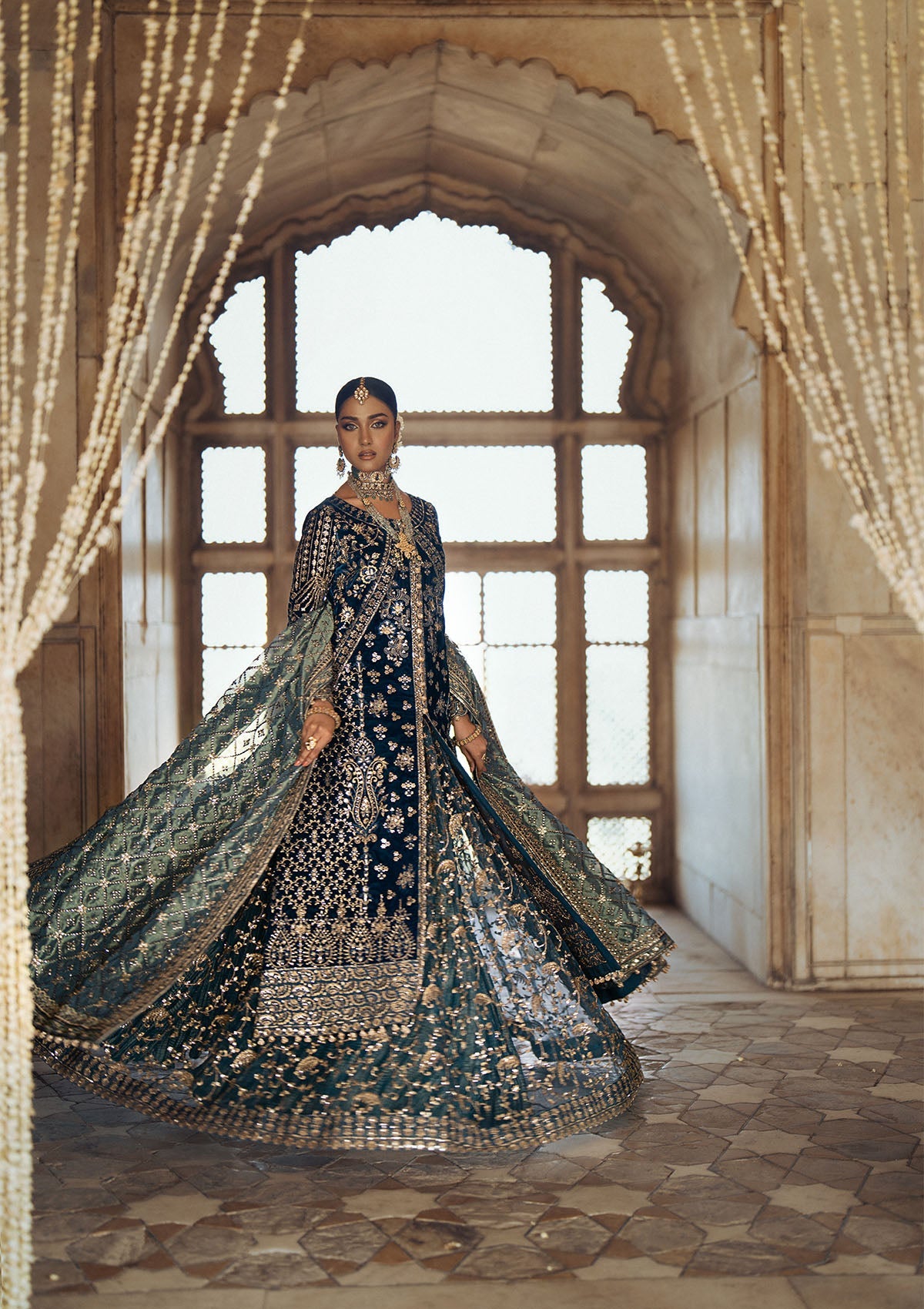 DASTOOR - LOOK 05 Teal Blue Front Open Shirt with Lehnga For Formal Events - Pakistani Designer Wear for Women in UK | Kifat