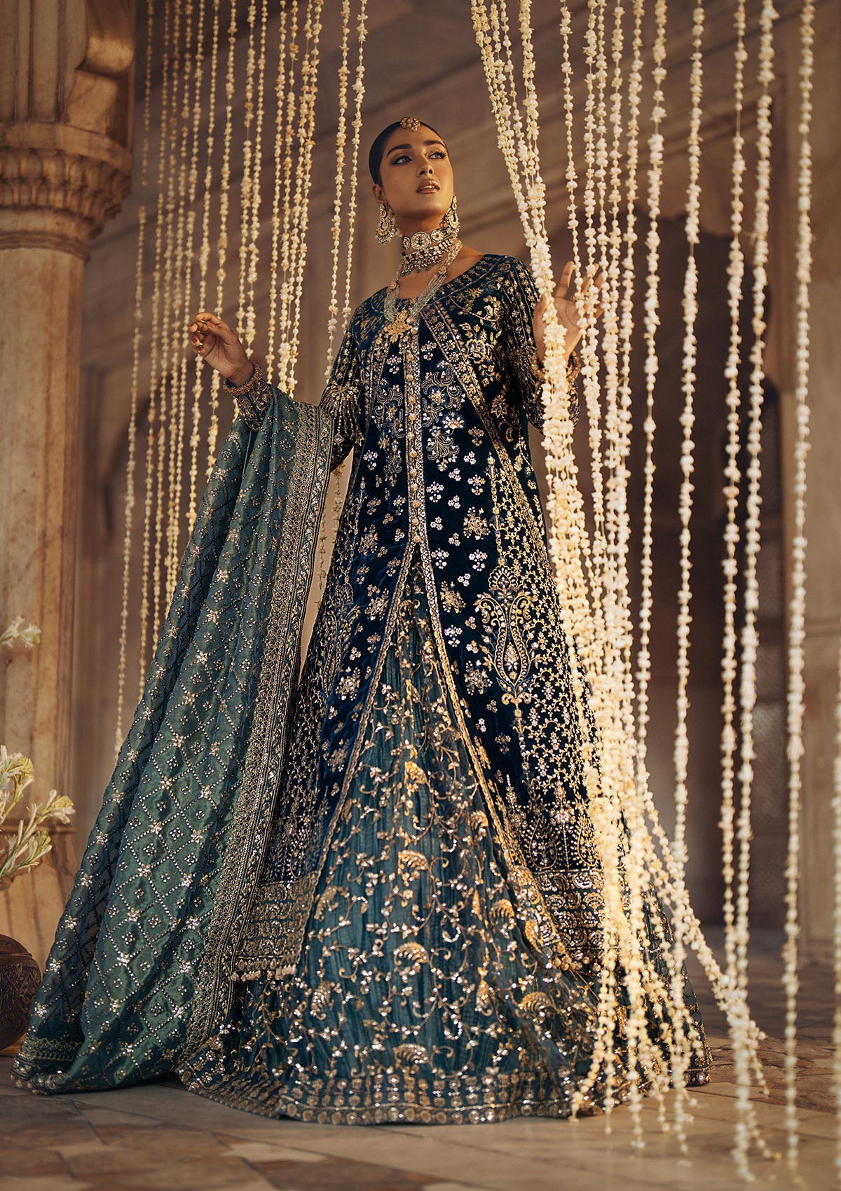 DASTOOR - LOOK 05 Teal Blue Front Open Shirt with Lehnga For Formal Events - Pakistani Designer Wear for Women in UK | Kifat