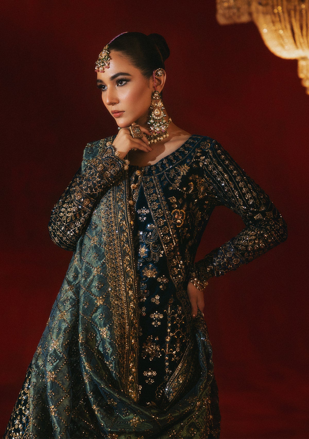 DASTOOR - LOOK 05 Teal Blue Front Open Shirt with Lehnga For Formal Events - Pakistani Designer Wear for Women in UK | Kifat