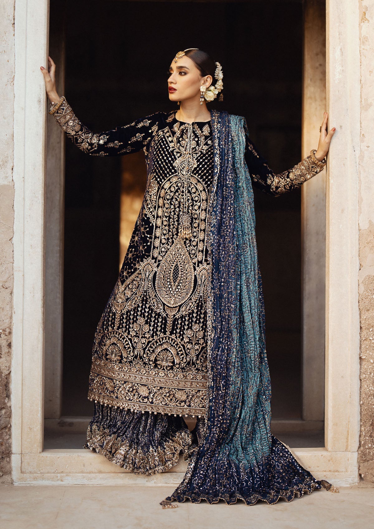 DASTOOR - LOOK 07 Navy Blue Long Shirt with Sharara For Formal Events - Pakistani Designer Wear for Women in UK | Kifat