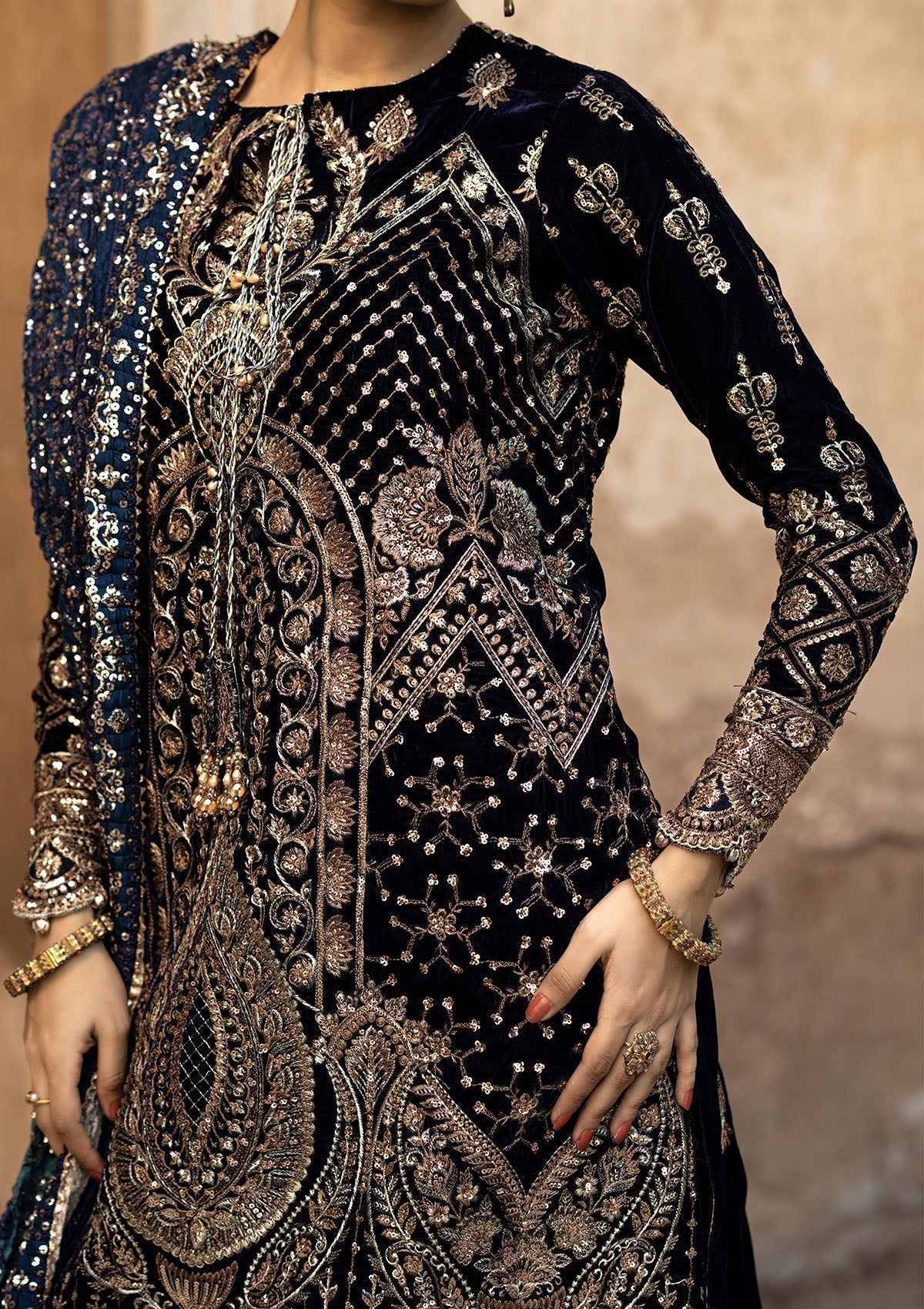 DASTOOR - LOOK 07 Navy Blue Long Shirt with Sharara For Formal Events - Pakistani Designer Wear for Women in UK | Kifat