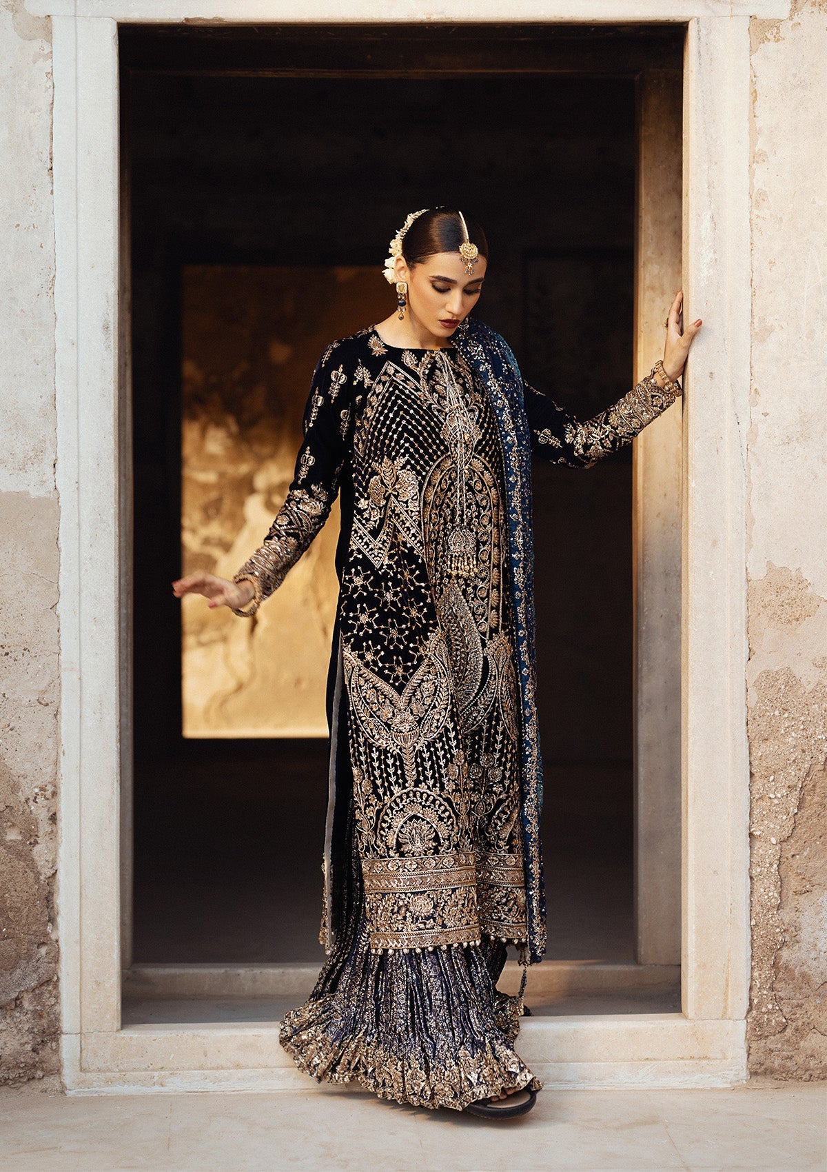 DASTOOR - LOOK 07 Navy Blue Long Shirt with Sharara For Formal Events - Pakistani Designer Wear for Women in UK | Kifat