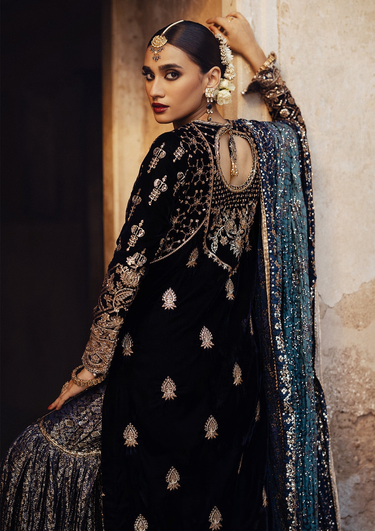 DASTOOR - LOOK 07 Navy Blue Long Shirt with Sharara For Formal Events - Pakistani Designer Wear for Women in UK | Kifat