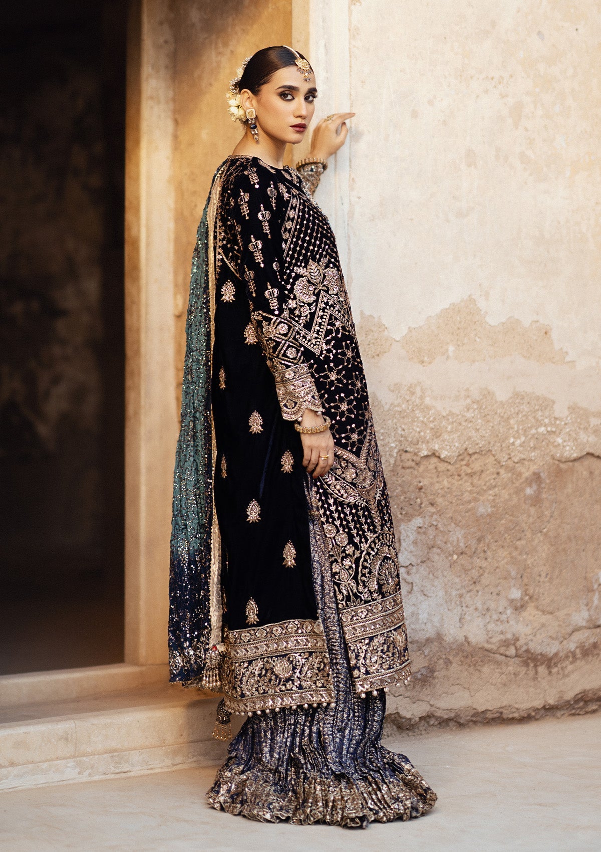 DASTOOR - LOOK 07 Navy Blue Long Shirt with Sharara For Formal Events - Pakistani Designer Wear for Women in UK | Kifat