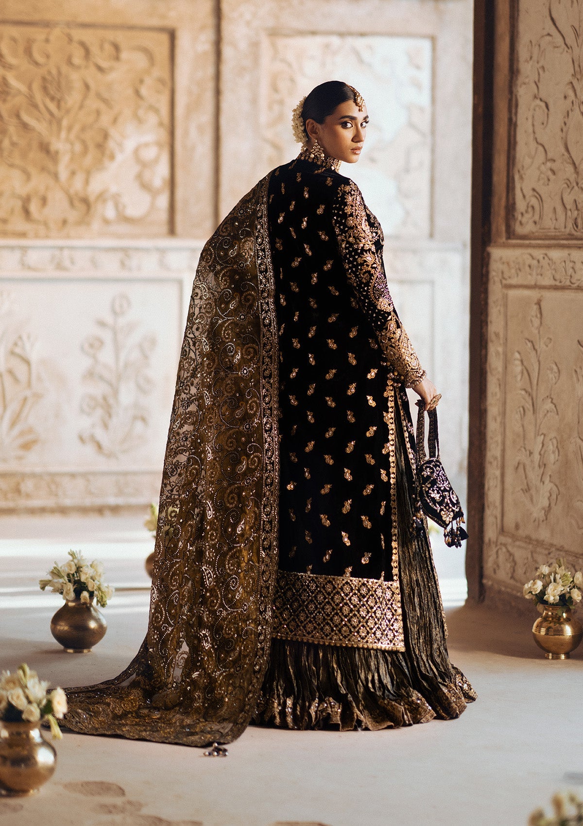 DASTOOR - LOOK 08 Black Front Open Shirt with Sharara For Formal Events - Pakistani Designer Wear for Women in UK | Kifat