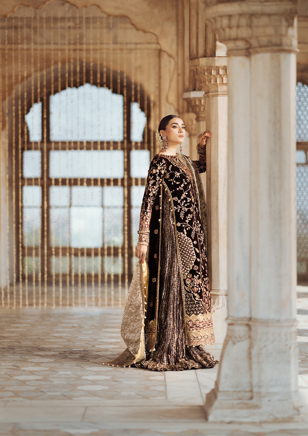 DASTOOR - LOOK 09 Dark Brown Long Shirt with Sharara For Formal Events - Pakistani Designer Wear for Women in UK | Kifat