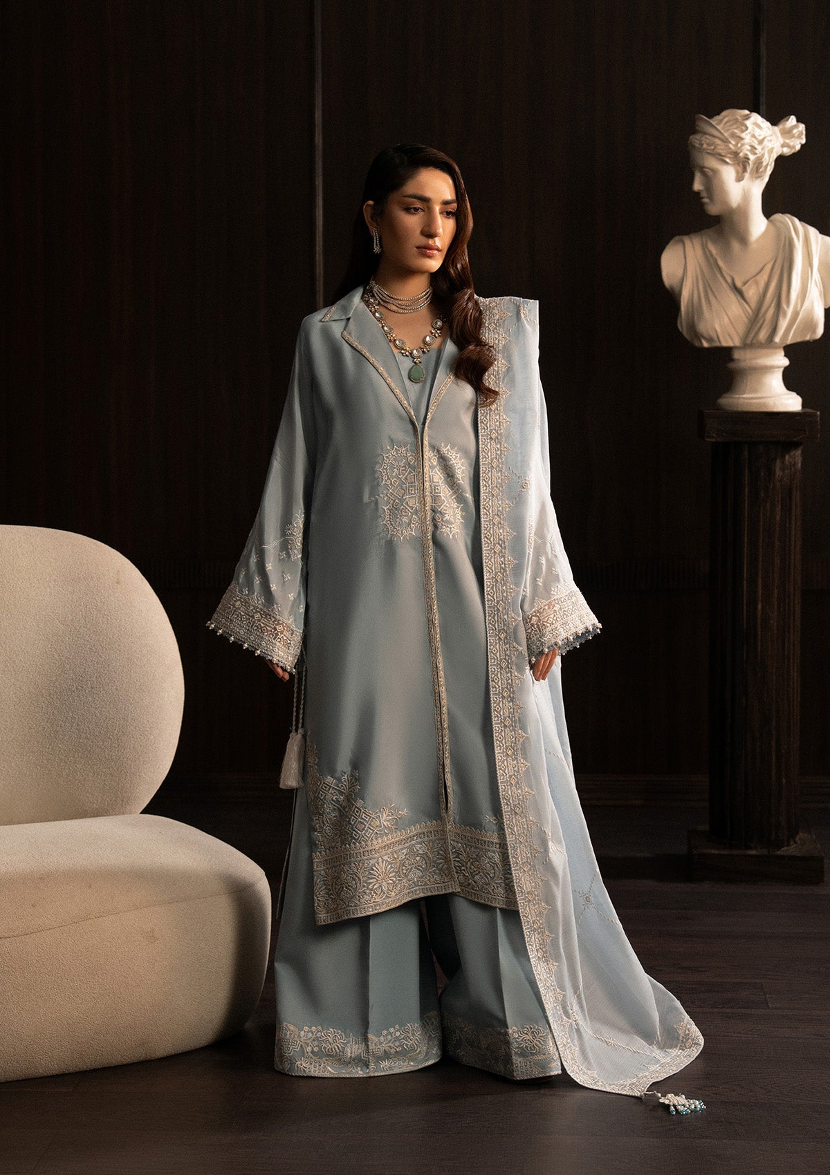 LADY AIK '25 - VOL. 1 - LOOK 05 Ice Blue Long Shirt For Luxury Events - Pakistani Designer Wear for Women in UK | Kifat