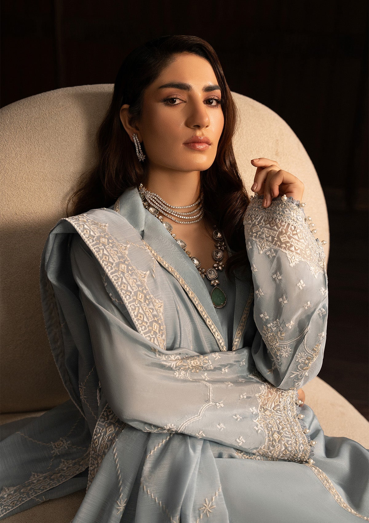 LADY AIK '25 - VOL. 1 - LOOK 05 Ice Blue Long Shirt For Luxury Events - Pakistani Designer Wear for Women in UK | Kifat