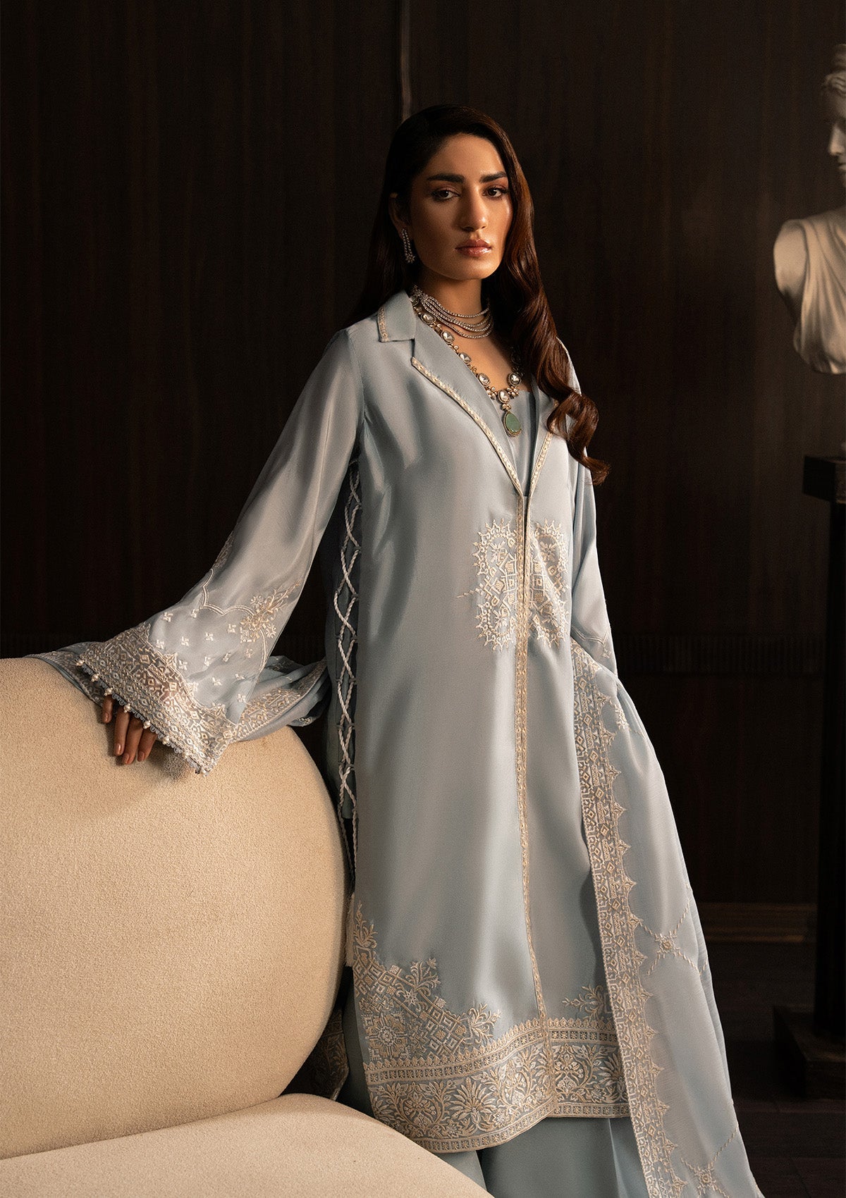 LADY AIK '25 - VOL. 1 - LOOK 05 Ice Blue Long Shirt For Luxury Events - Pakistani Designer Wear for Women in UK | Kifat