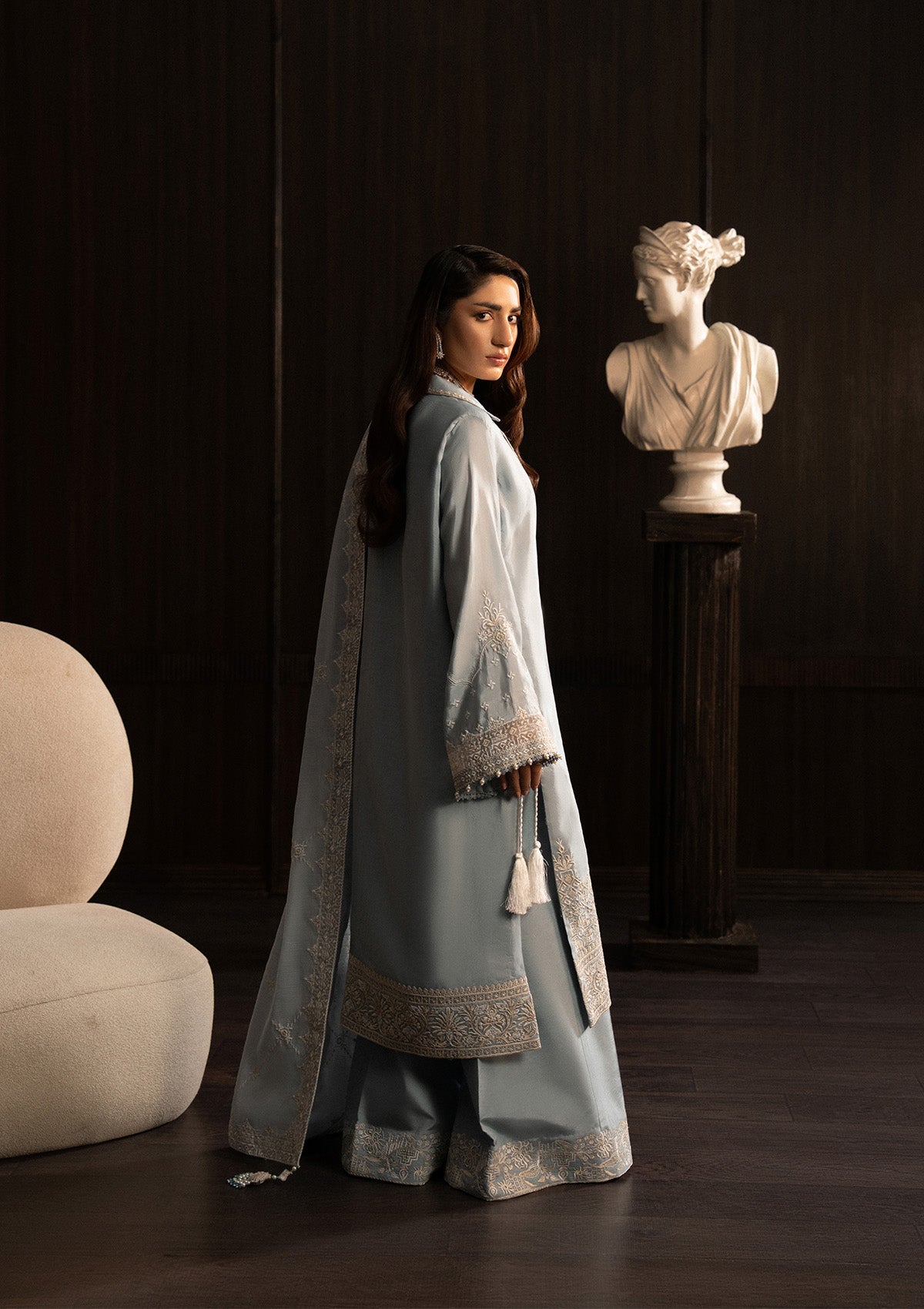 LADY AIK '25 - VOL. 1 - LOOK 05 Ice Blue Long Shirt For Luxury Events - Pakistani Designer Wear for Women in UK | Kifat