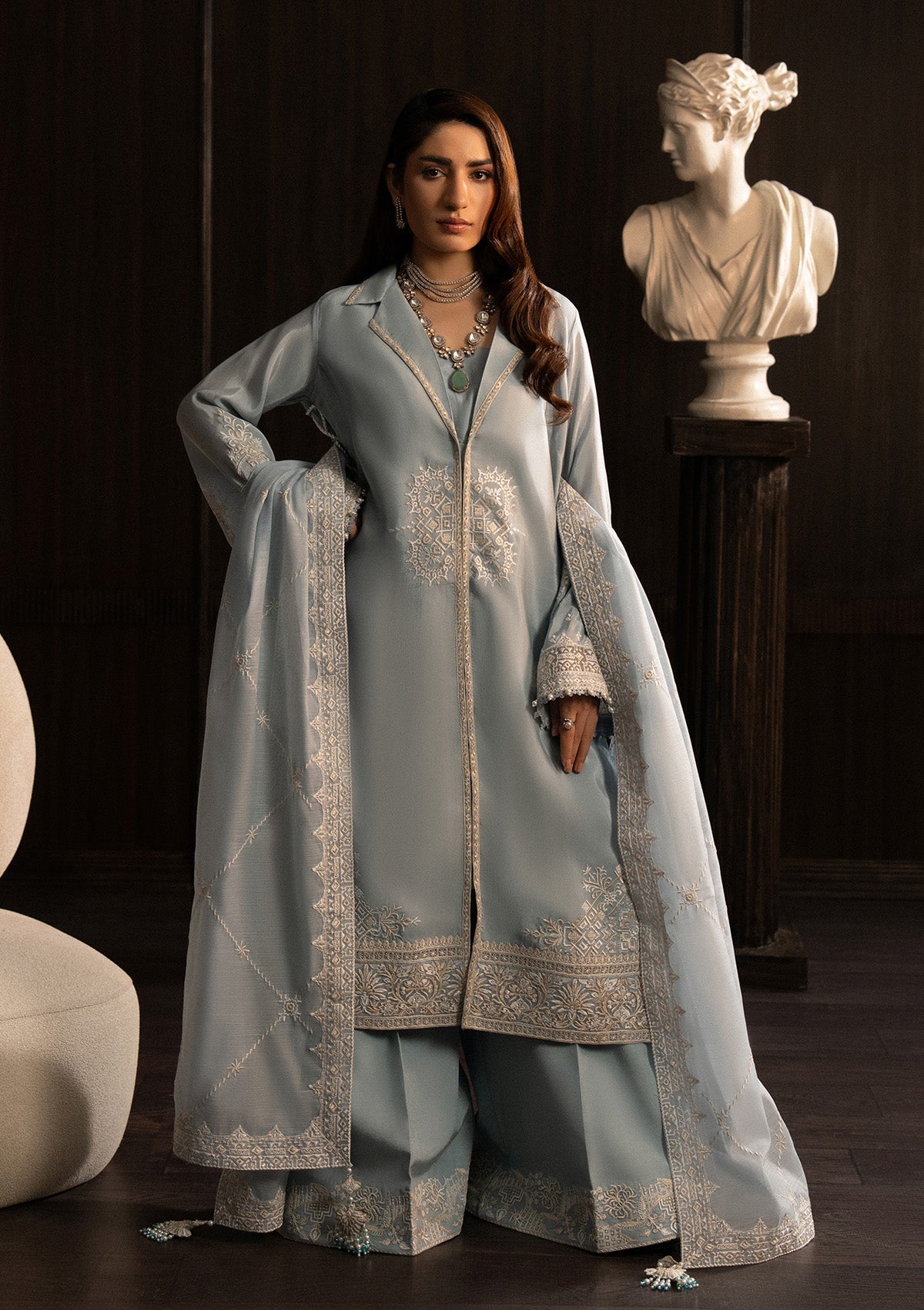 LADY AIK '25 - VOL. 1 - LOOK 05 Ice Blue Long Shirt For Luxury Events - Pakistani Designer Wear for Women in UK | Kifat