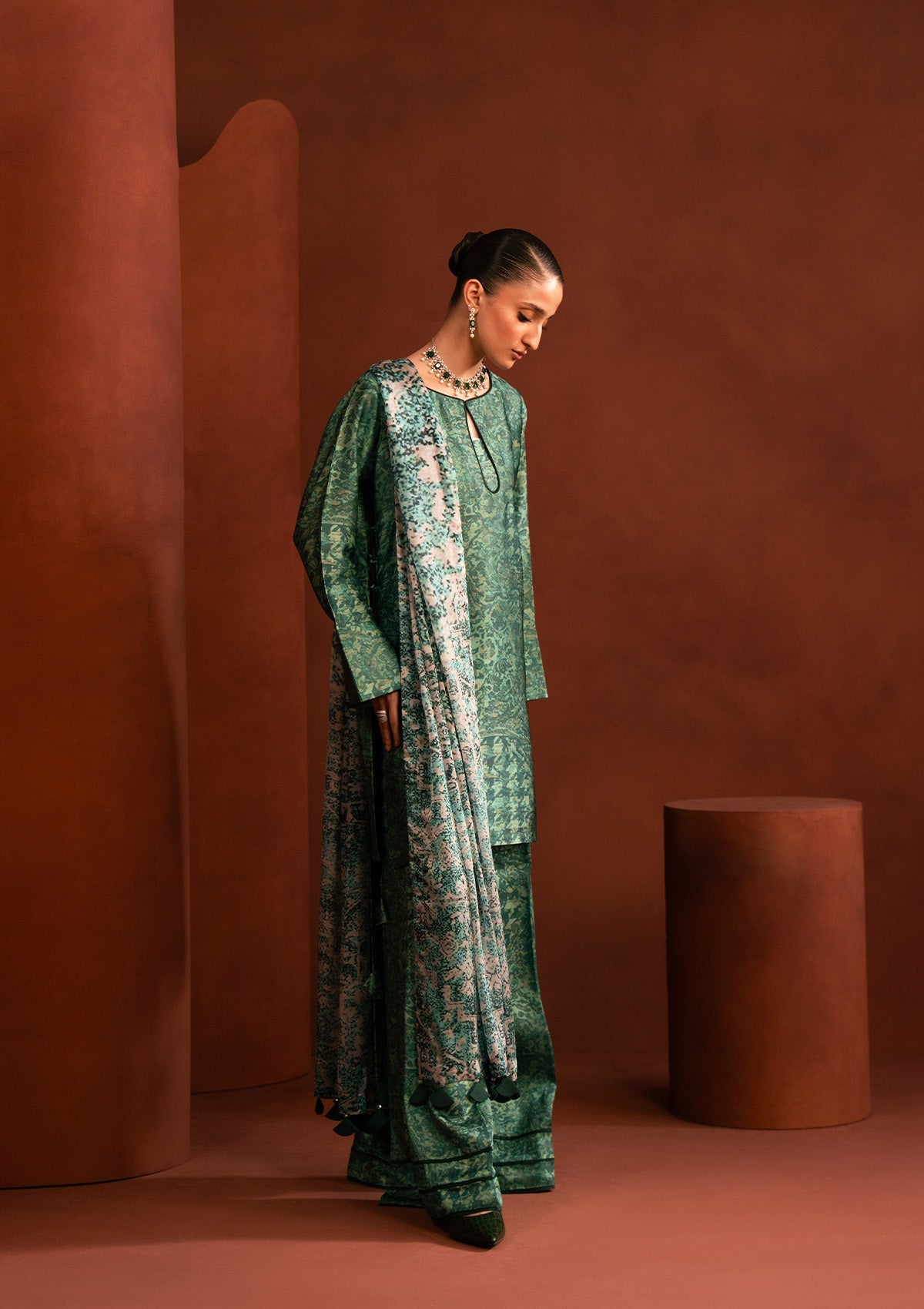 MISS AIK - RTW '25 D2 - LOOK 02 Emerald Short Shirt with Plazo For Luxury Events - Pakistani Designer Wear for Women in UK | Kifat