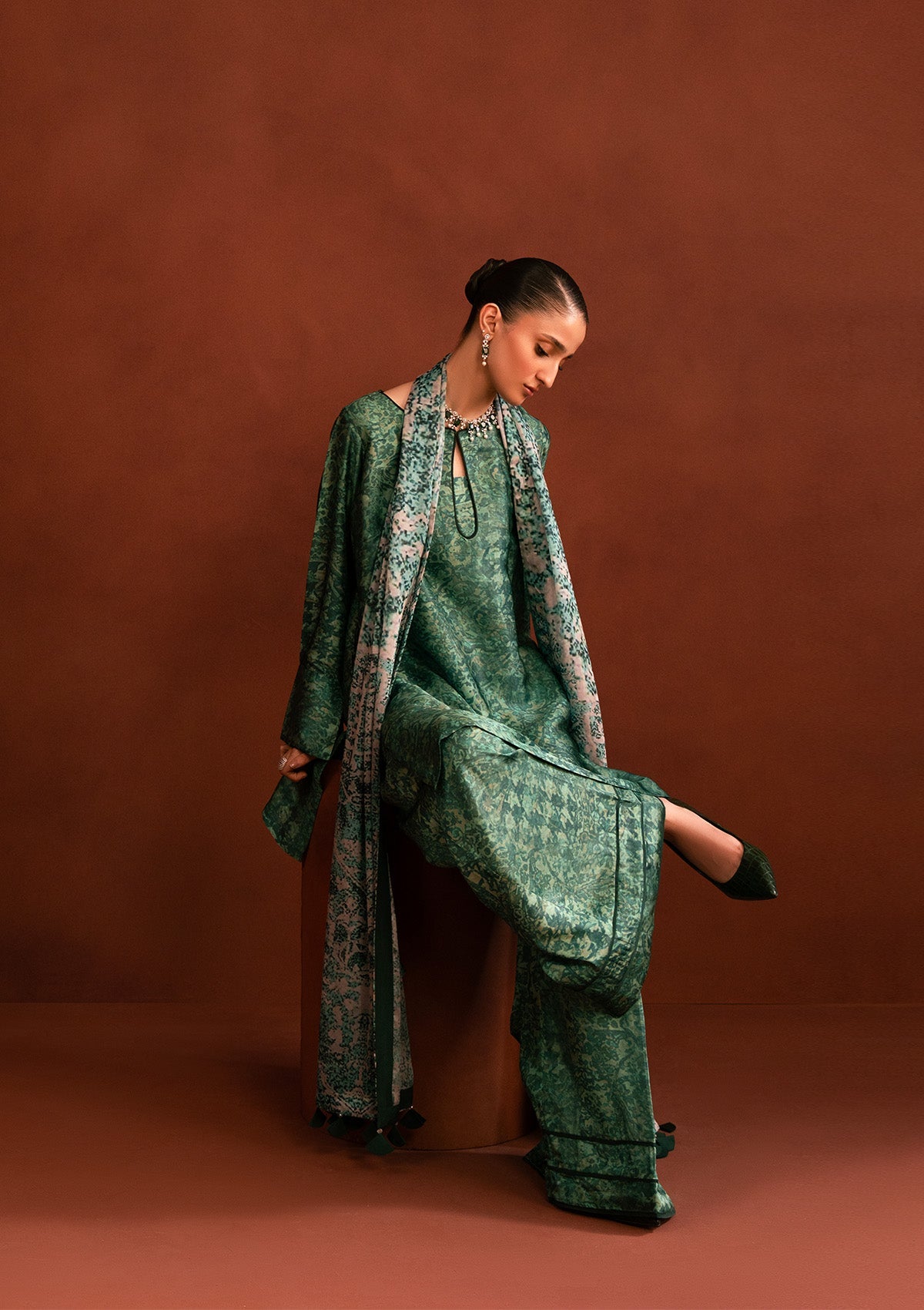 MISS AIK - RTW '25 D2 - LOOK 02 Emerald Short Shirt with Plazo For Luxury Events - Pakistani Designer Wear for Women in UK | Kifat