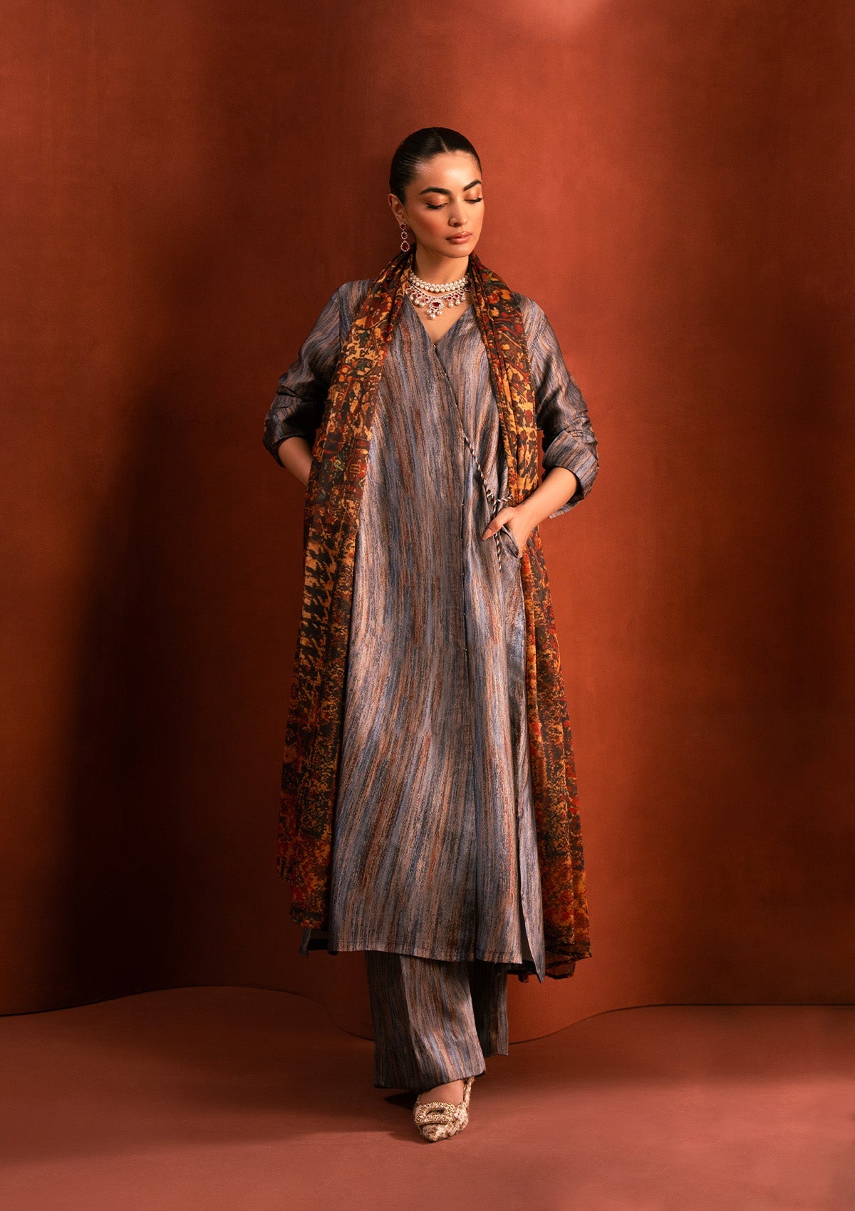 MISS AIK - RTW '25 D2 - LOOK 07 Blue Multi Long Shirt For Luxury Events - Pakistani Designer Wear for Women in UK | Kifat