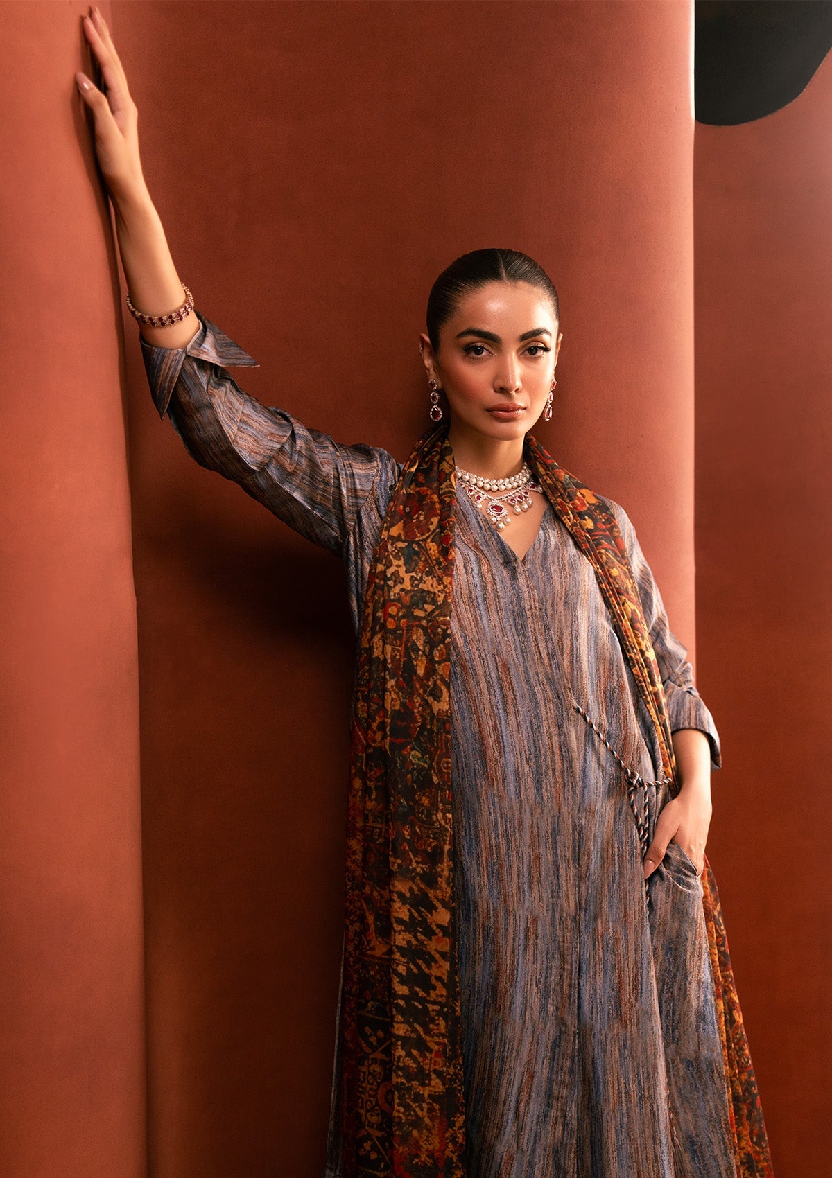 MISS AIK - RTW '25 D2 - LOOK 07 Blue Multi Long Shirt For Luxury Events - Pakistani Designer Wear for Women in UK | Kifat