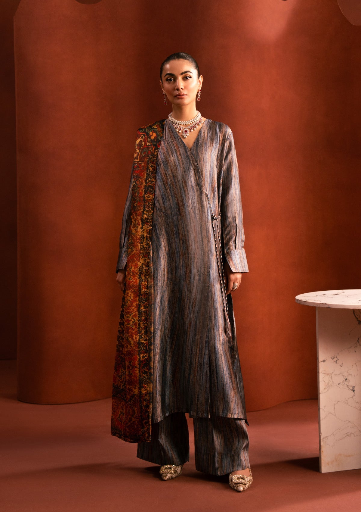 MISS AIK - RTW '25 D2 - LOOK 07 Blue Multi Long Shirt For Luxury Events - Pakistani Designer Wear for Women in UK | Kifat