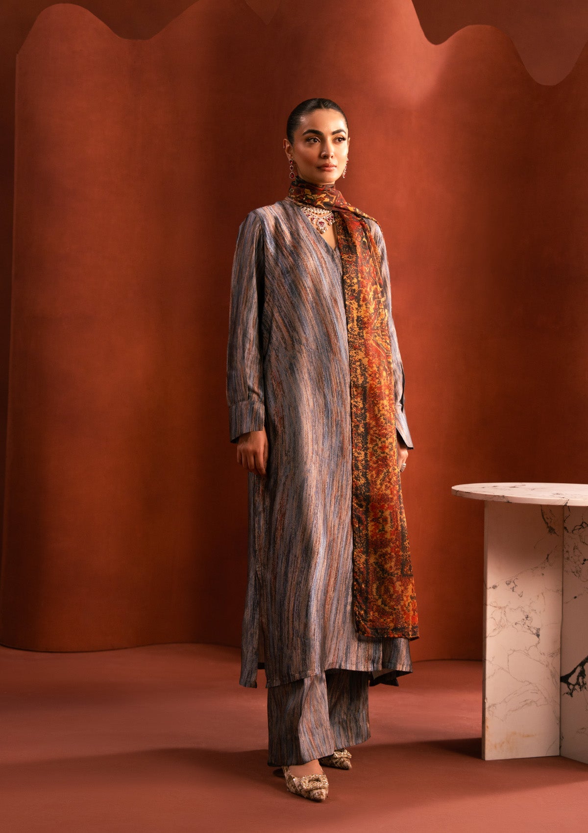 MISS AIK - RTW '25 D2 - LOOK 07 Blue Multi Long Shirt For Luxury Events - Pakistani Designer Wear for Women in UK | Kifat