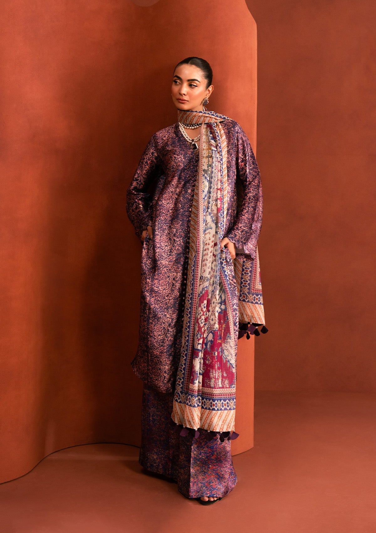 MISS AIK - RTW '25 D2 - LOOK 10 Purple Multi Long Shirt For Luxury Events - Pakistani Designer Wear for Women in UK | Kifat