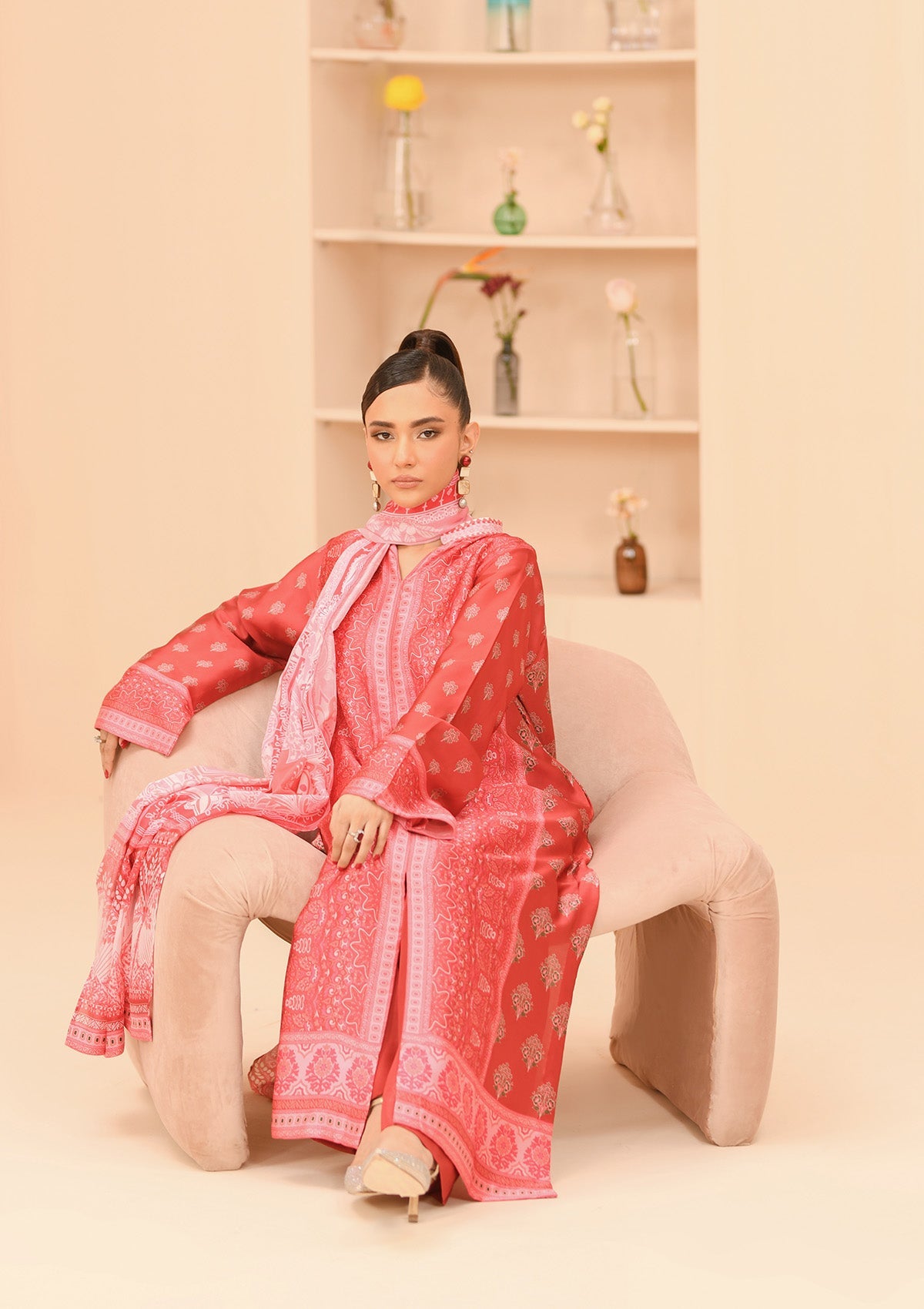 MISS AIK - RTW '24 D1 - LOOK 05 Coral Red Long Shirt For Luxury Events - Pakistani Designer Wear for Women in UK | Kifat