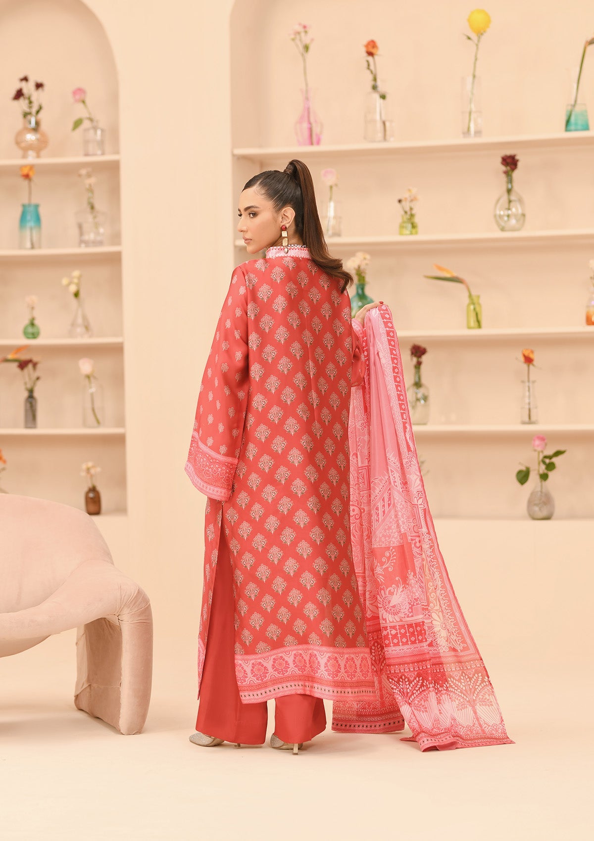 MISS AIK - RTW '24 D1 - LOOK 05 Coral Red Long Shirt For Luxury Events - Pakistani Designer Wear for Women in UK | Kifat