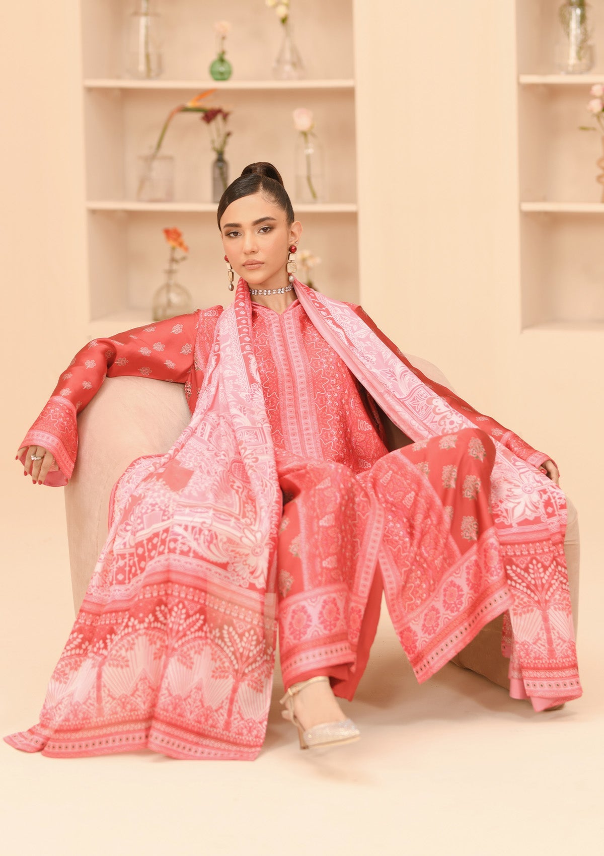 MISS AIK - RTW '24 D1 - LOOK 05 Coral Red Long Shirt For Luxury Events - Pakistani Designer Wear for Women in UK | Kifat